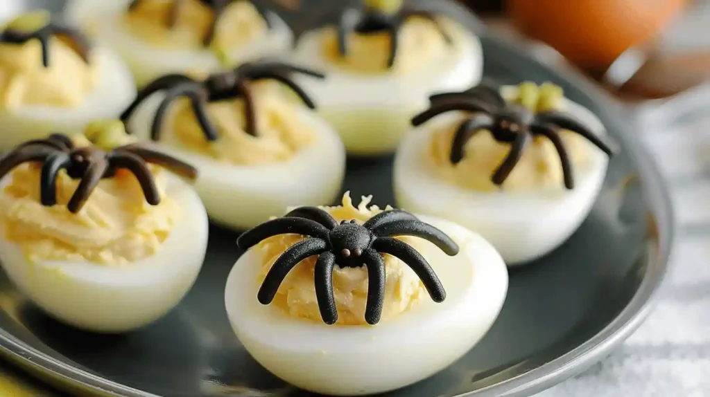 Spider Deviled Eggs with olive garnishes resembling spiders on a plate.