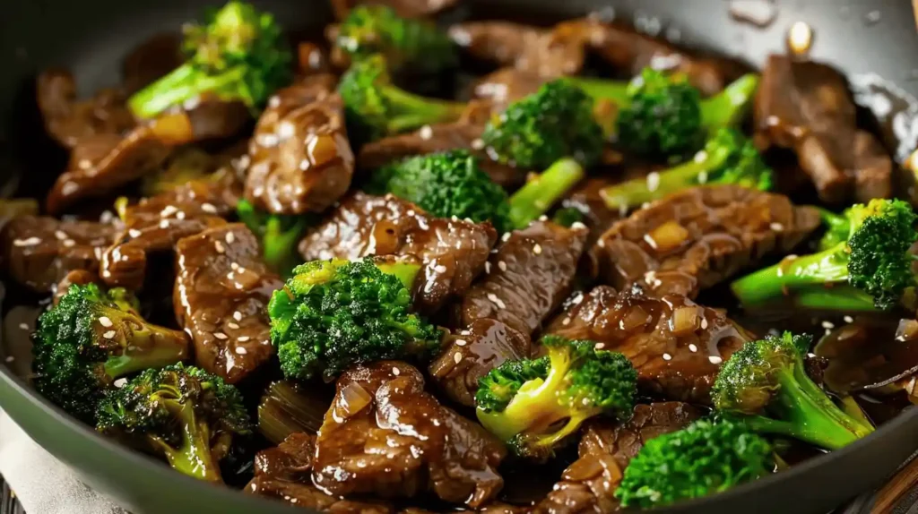 Steak and broccoli stir fry with beef slices and broccoli florets in a savory sauce.