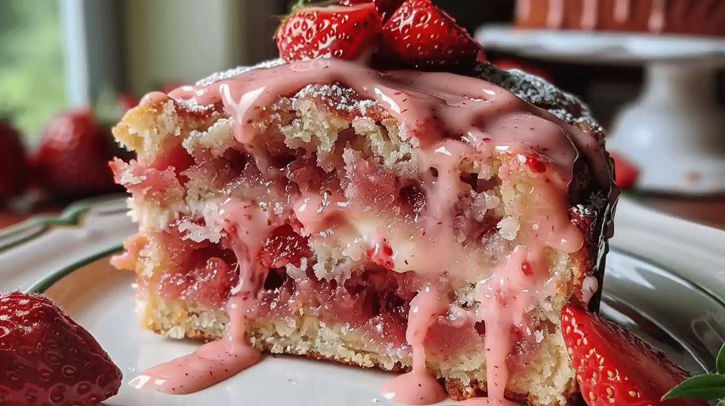 Close-up of a strawberry honeybun cake with pink glaze and fresh strawberries on top.