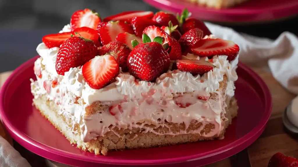 Close-up of a strawberry tres leches cake topped with fresh strawberries and whipped cream.