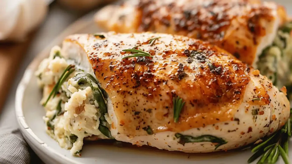 Close-up of a stuffed chicken breast with cheese and spinach filling on a plate.