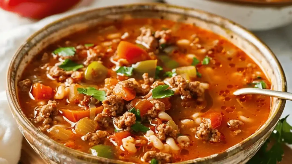 Bowl of stuffed pepper soup with meat, bell peppers, and pasta.