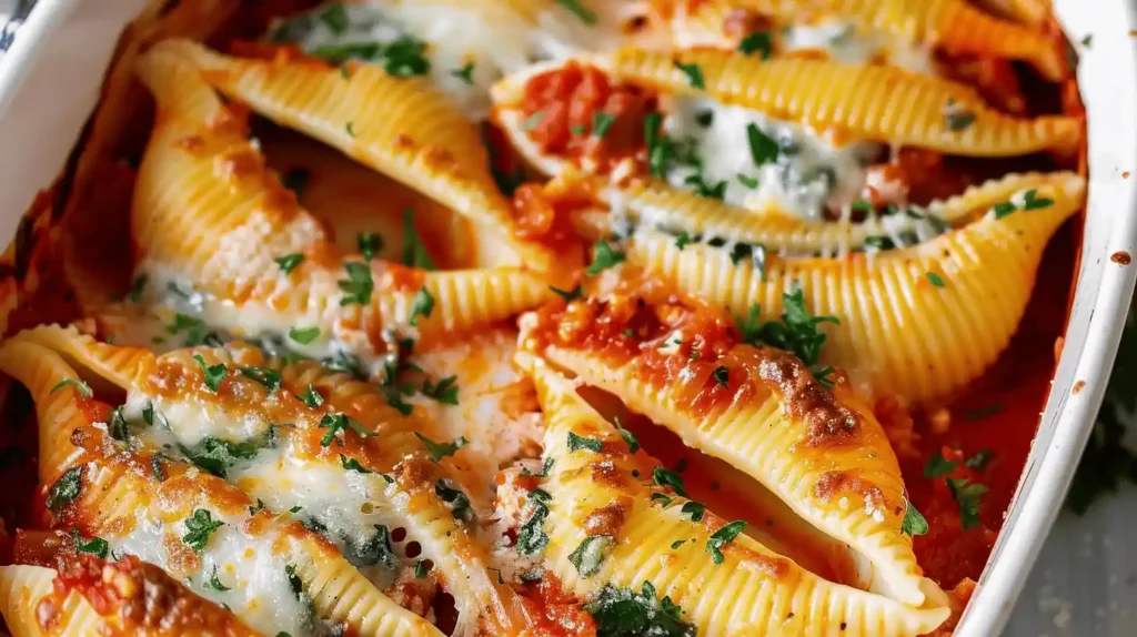 Close-up view of baked stuffed shells with cheese and marinara sauce, garnished with parsley.