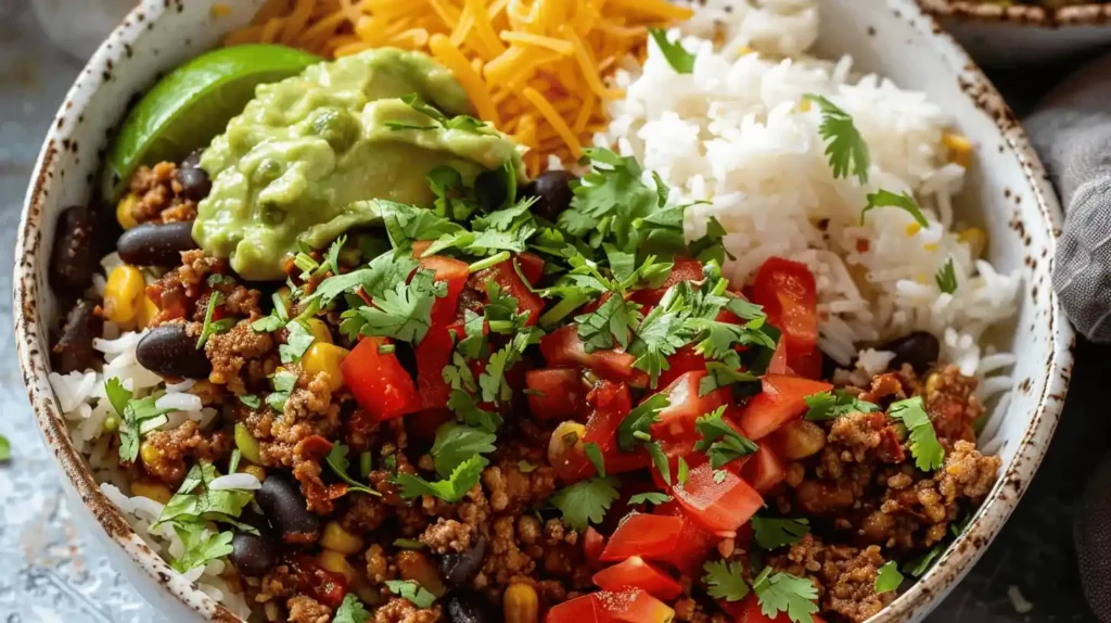 Taco Rice Bowl with ground beef, tomatoes, cilantro, black beans, corn, guacamole, cheese, and rice.