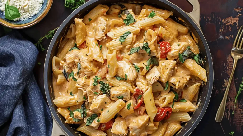 A pan of Tuscan chicken pasta with creamy sauce, chicken, and herbs.