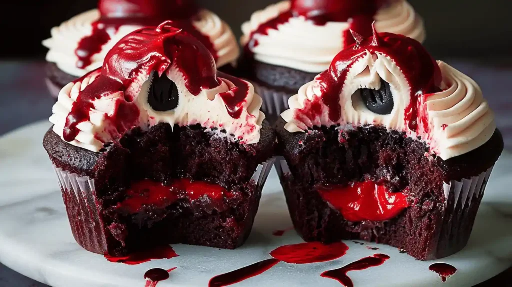 Vampire Cupcakes with chocolate base, cream frosting, and red raspberry filling, resembling blood.
