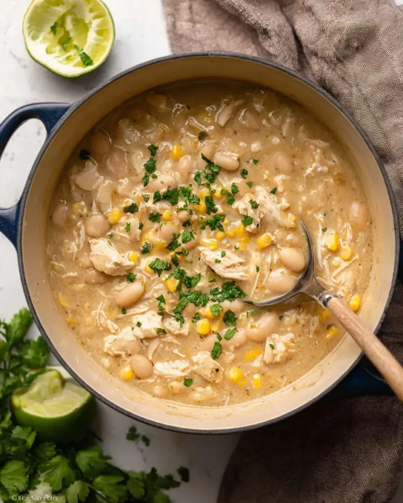 A blue pot brimming with creamy white chicken chili, featuring shredded chicken, white beans, and corn, garnished with fresh cilantro and lime.