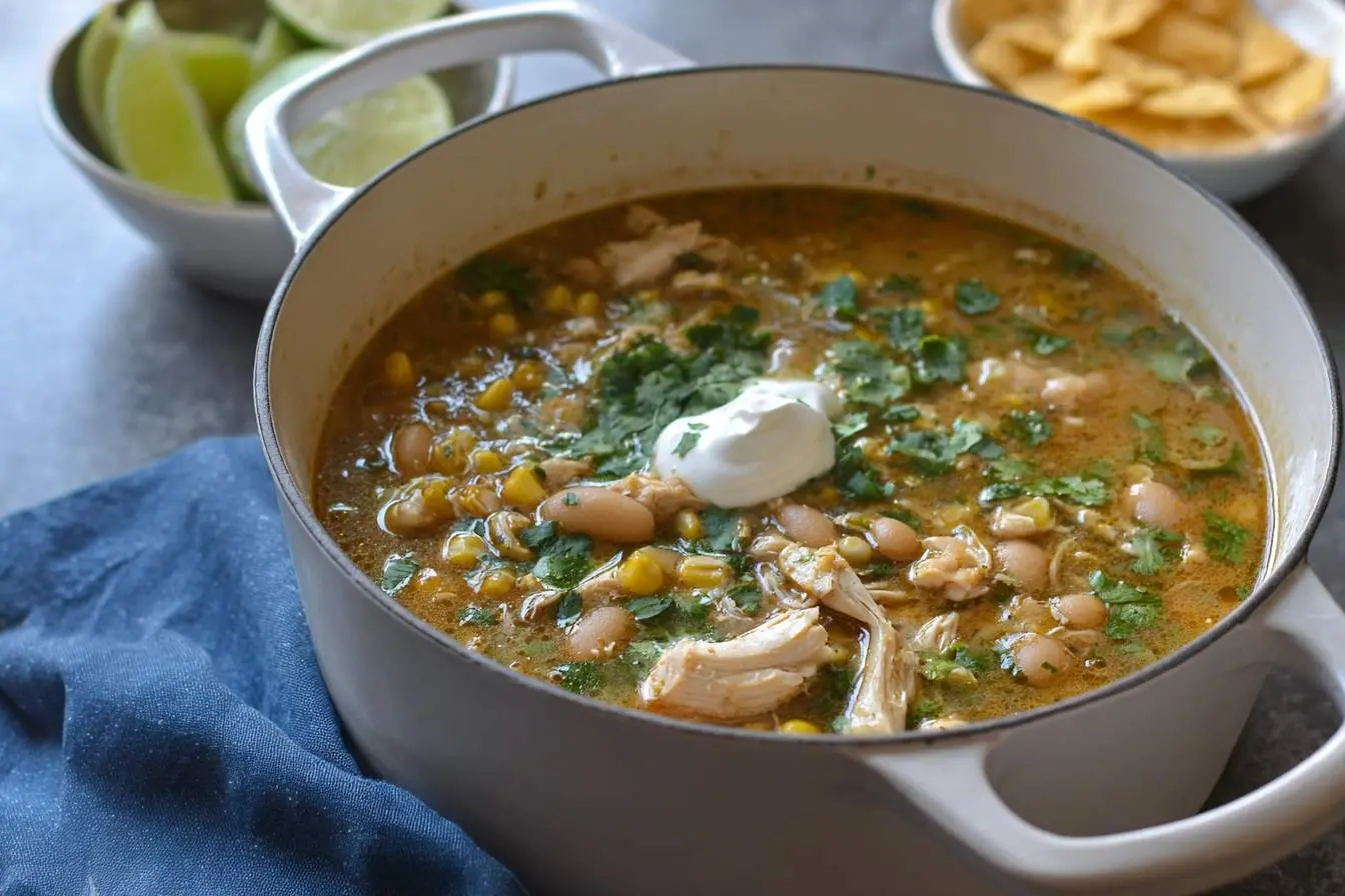A white pot filled with hearty white chicken chili, garnished with sour cream and fresh cilantro, alongside lime wedges and tortilla chips.