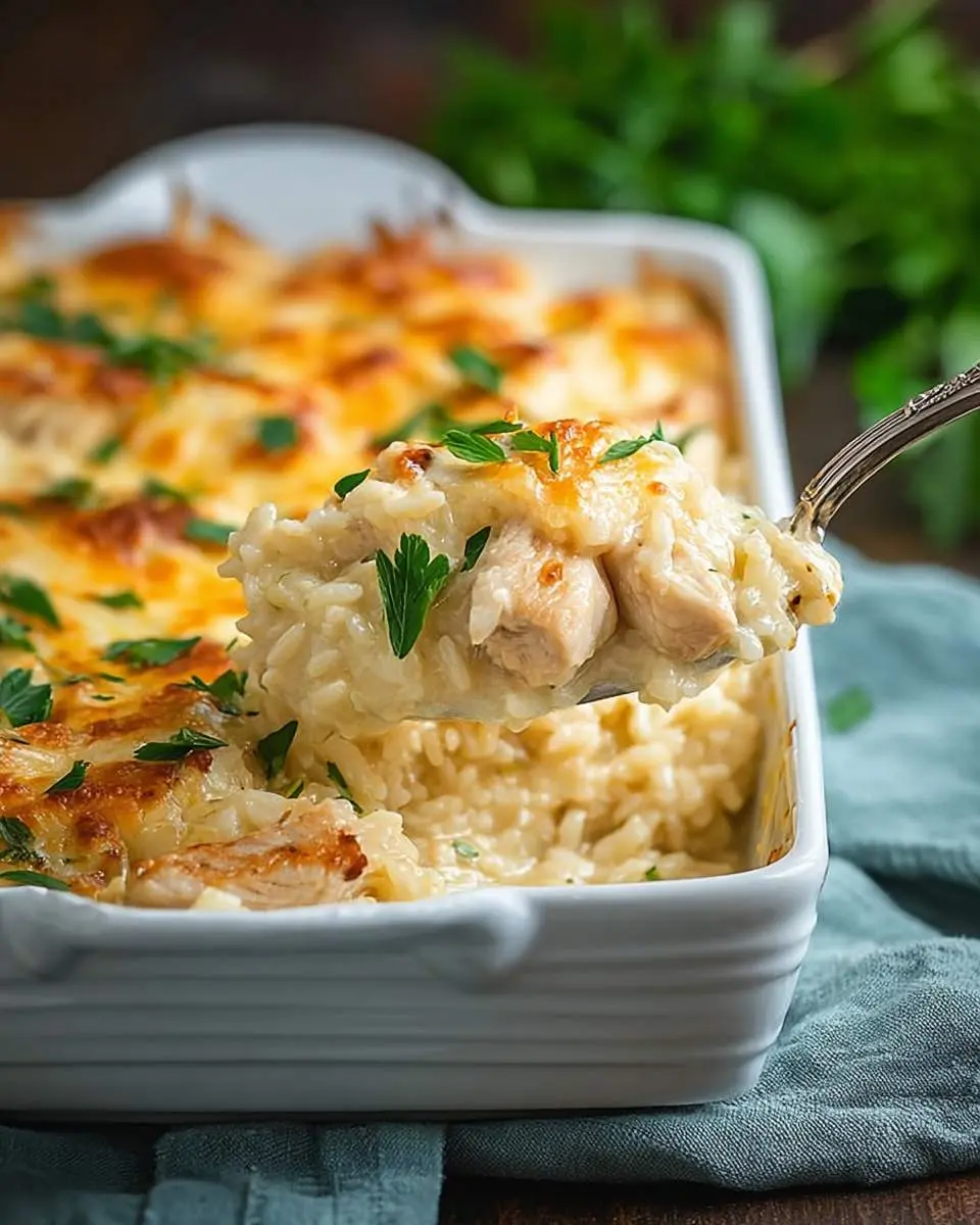 Cheesy Angel Chicken Rice Casserole 2 A spoonful of creamy angel chicken rice casserole is lifted from a white baking dish, showing tender chicken and melted cheese.