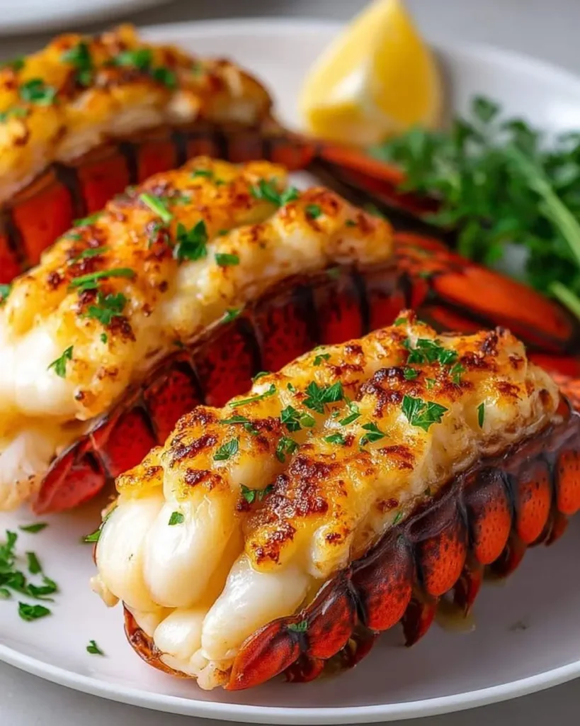 Three perfectly Broiled Lobster Tails served on a white plate with a golden-brown topping, fresh parsley, and a lemon wedge.