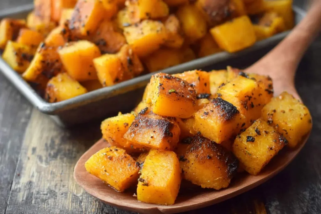 Close-up of golden roasted butternut squash cubes with dark seasoning on a wooden spoon, with a pan full in the background.