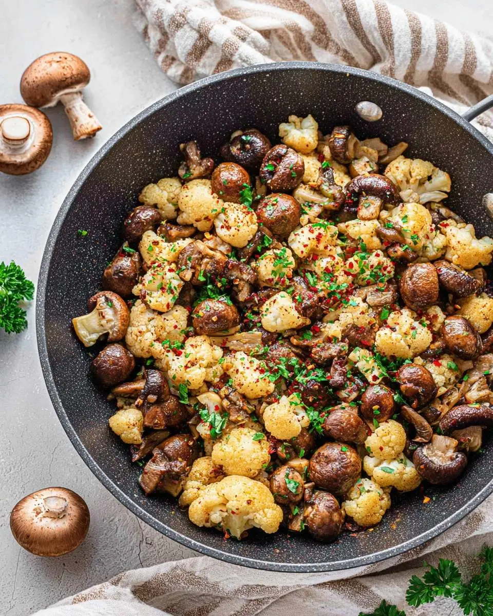 An overhead view of a savory Cauliflower Mushroom Skillet in a black pan, garnished with fresh herbs and red pepper flakes.
