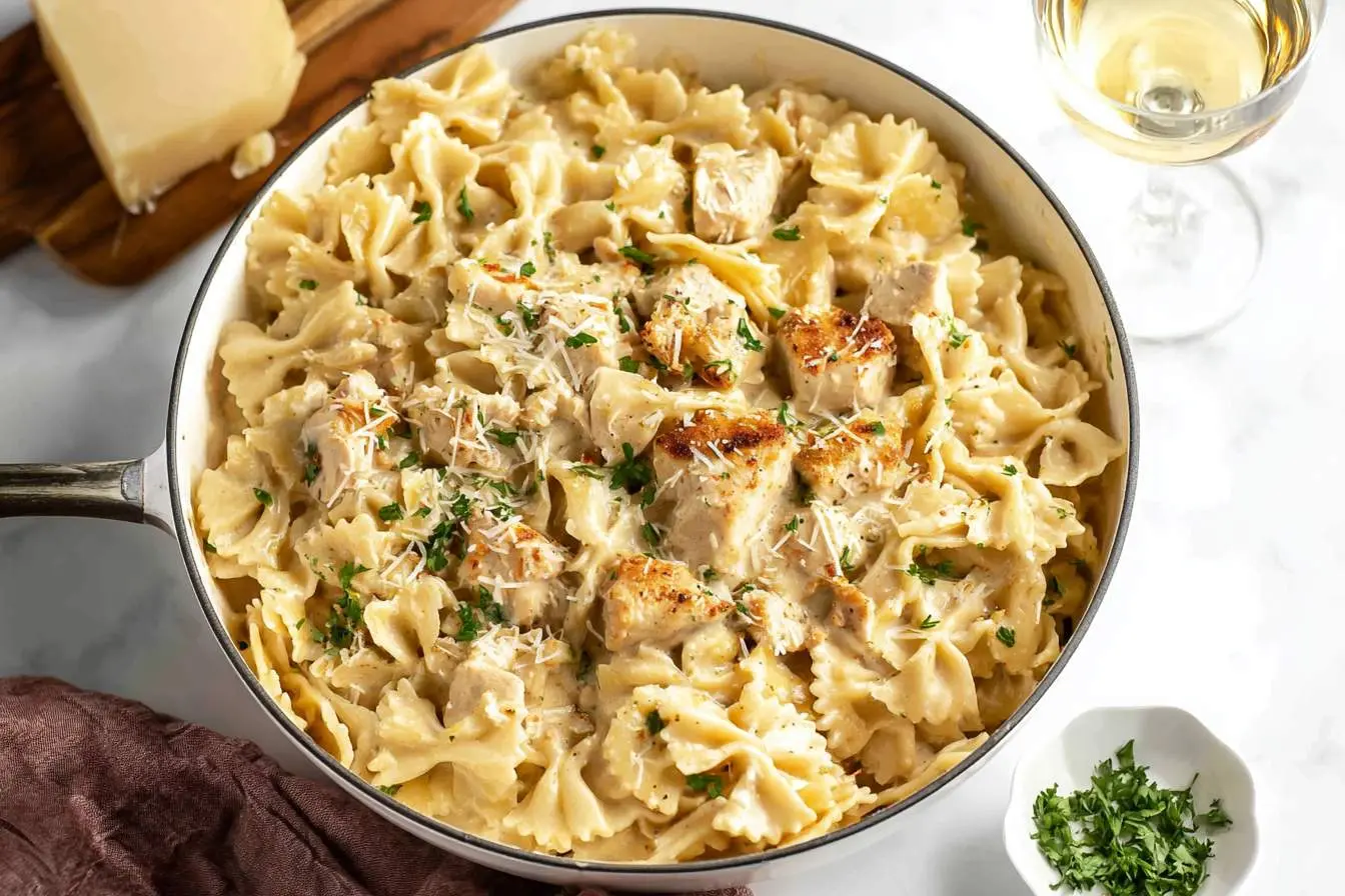 Cheesy Bowtie Pasta with Garlic Parmesan Chicken