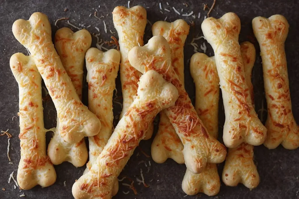 A close-up view of numerous golden-baked Cheesy Halloween Breadstick Bones, shaped like bones and topped with melted cheese, arranged on a dark surface.