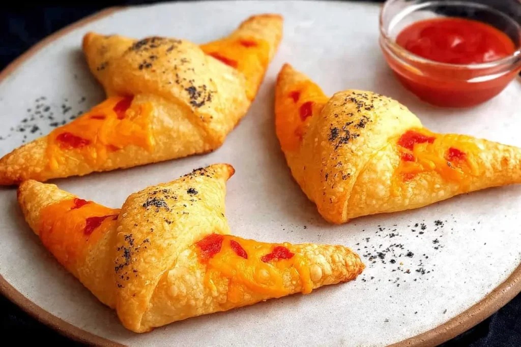 Three golden, flaky Cheesy Witch Hat Crescents, sprinkled with poppy seeds and filled with melted cheese and red bell pepper, served with a side of ketchup.