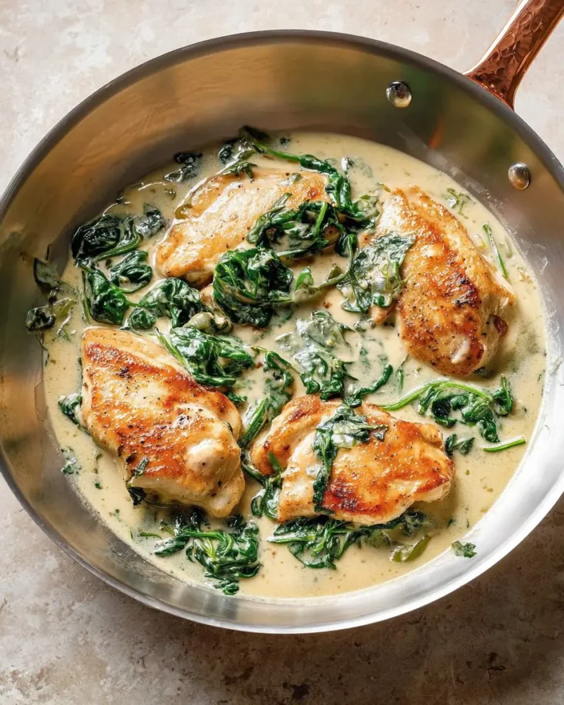 A skillet of delicious Chicken Florentine with golden-seared chicken breasts simmering in a creamy spinach sauce.