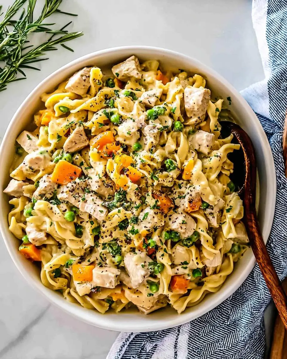 A creamy Chicken Pot Pie Pasta with chicken, peas, and carrots in a white bowl, viewed from above.