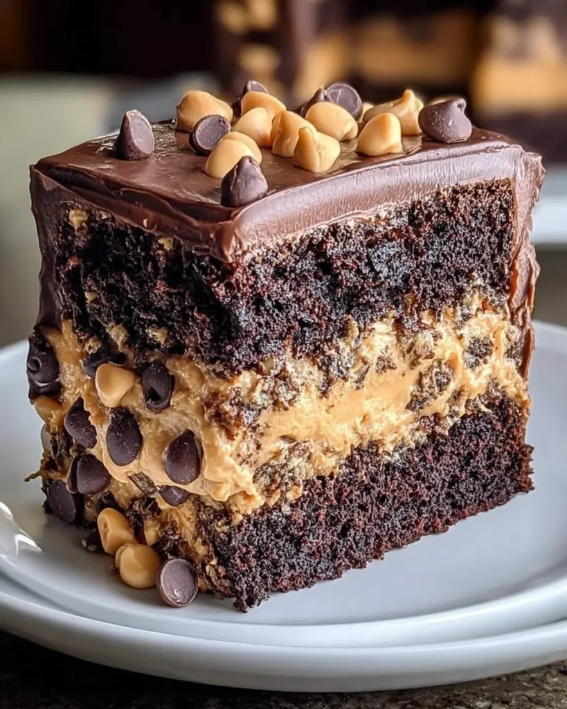 A close-up slice of a layered chocolate peanut butter ooey gooey cake on a white plate, topped with chips.