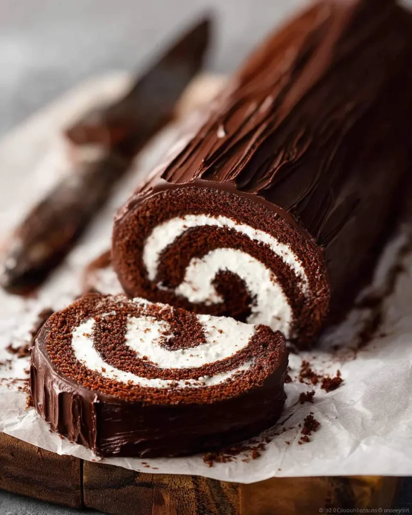 A close-up of a chocolate swiss roll cake with a white cream spiral filling, with one slice cut and resting on parchment paper.