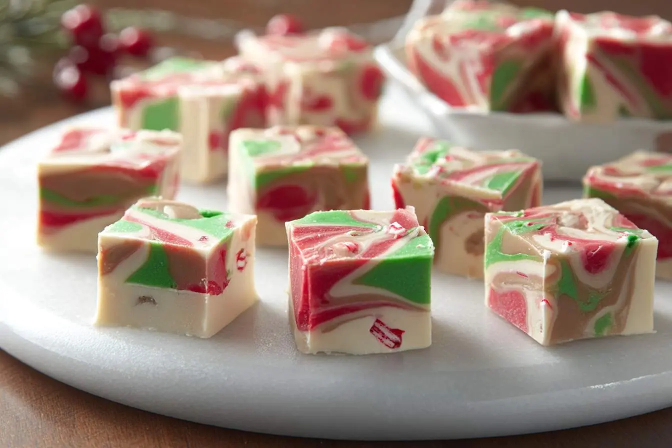 Close-up of festive swirled Christmas fudge squares in red, green, white, and brown on a white marble platter, with holiday decor in the background.