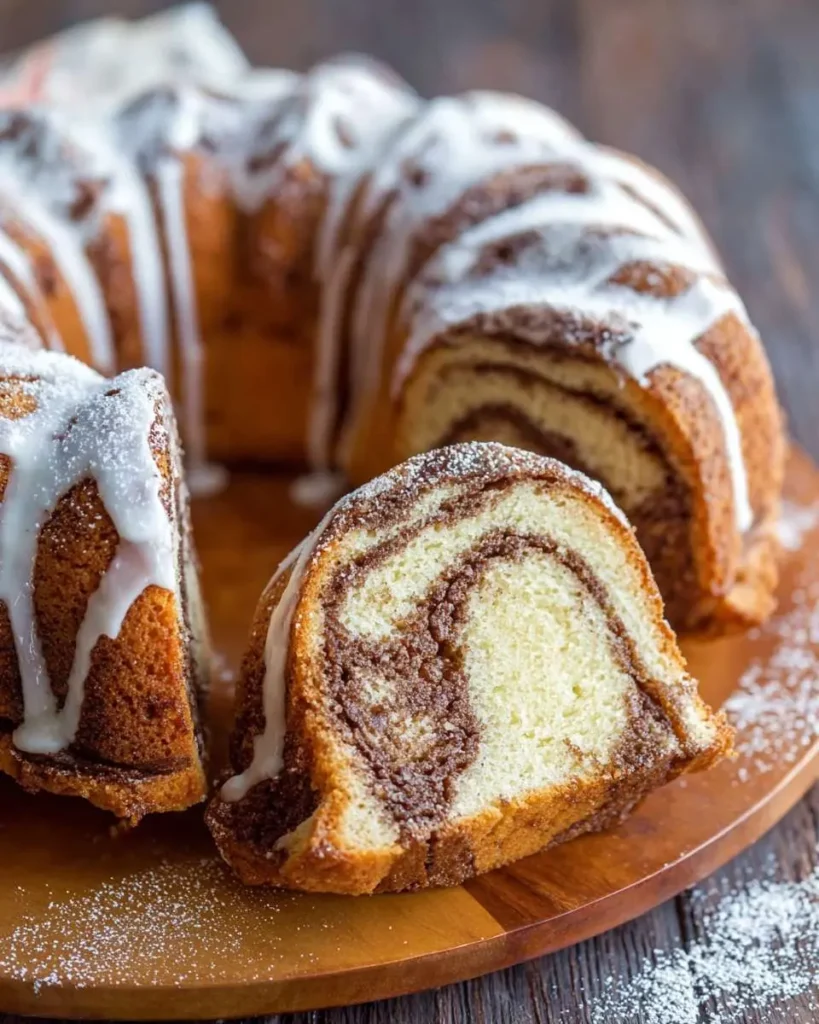 A sliced cinnamon swirl bundt cake with white icing and powdered sugar on a wooden board, revealing its marbled interior.