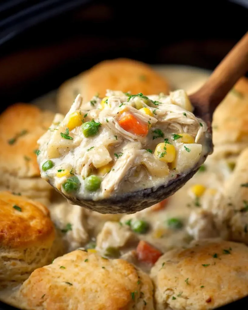 A close-up spoonful of creamy Crockpot Chicken Pot Pie with shredded chicken, vegetables, and golden biscuits in the background.