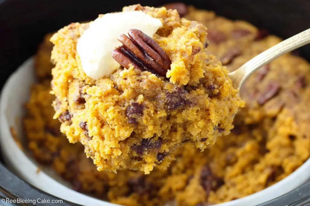 A spoonful of warm Crockpot Pumpkin Dump Cake Cake with chocolate chips, topped with whipped cream and a pecan, being lifted from a pot.
