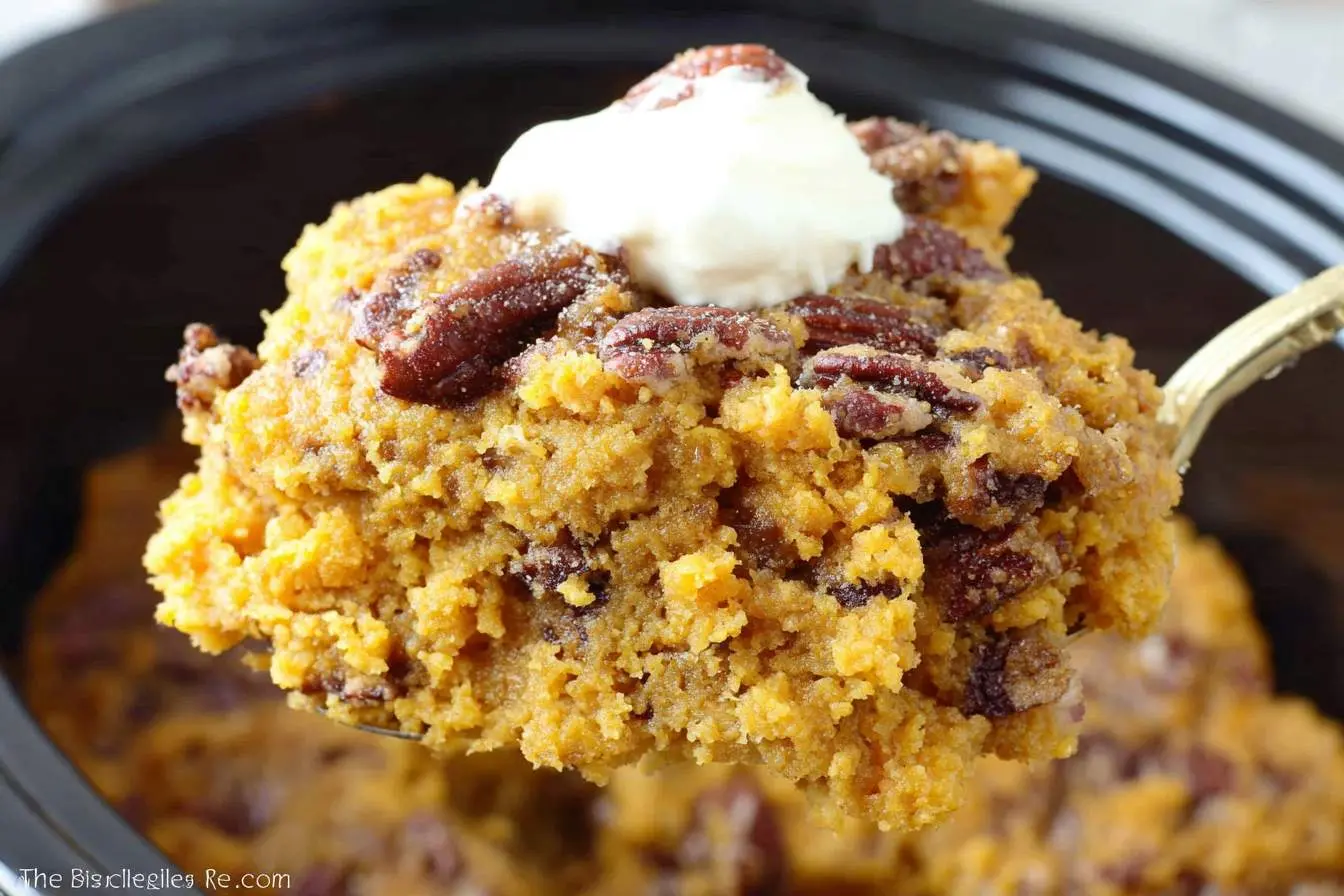 A golden spoonful of sweet potato casserole, laden with pecans and a dollop of cream, being lifted from a dark dish.