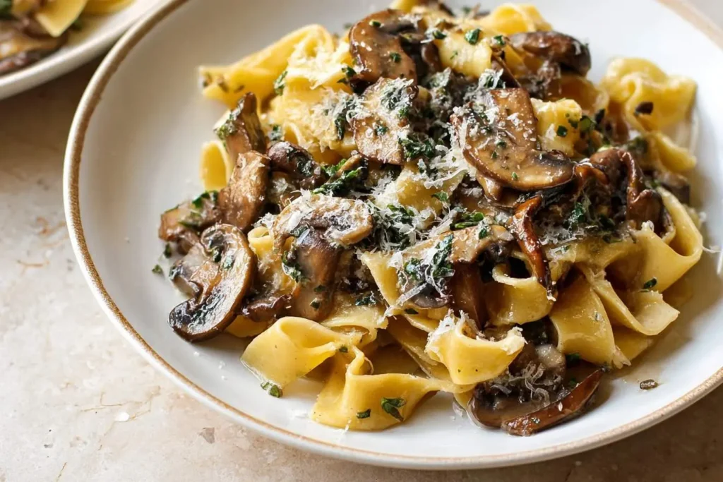 A close-up of a white plate filled with creamy Garlic Mushroom Pasta, sprinkled with parsley and Parmesan cheese.