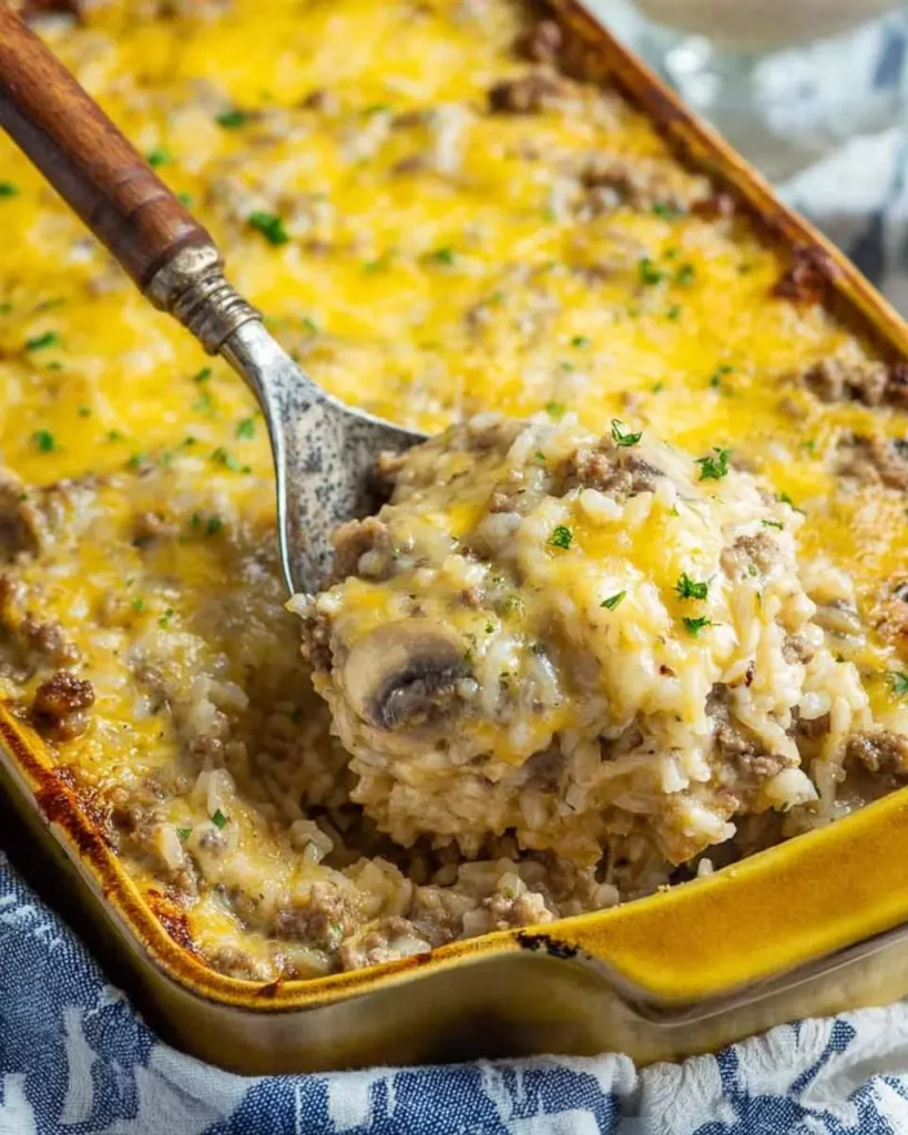 A large spoon scooping a cheesy ground beef rice casserole with mushrooms from a yellow baking dish.