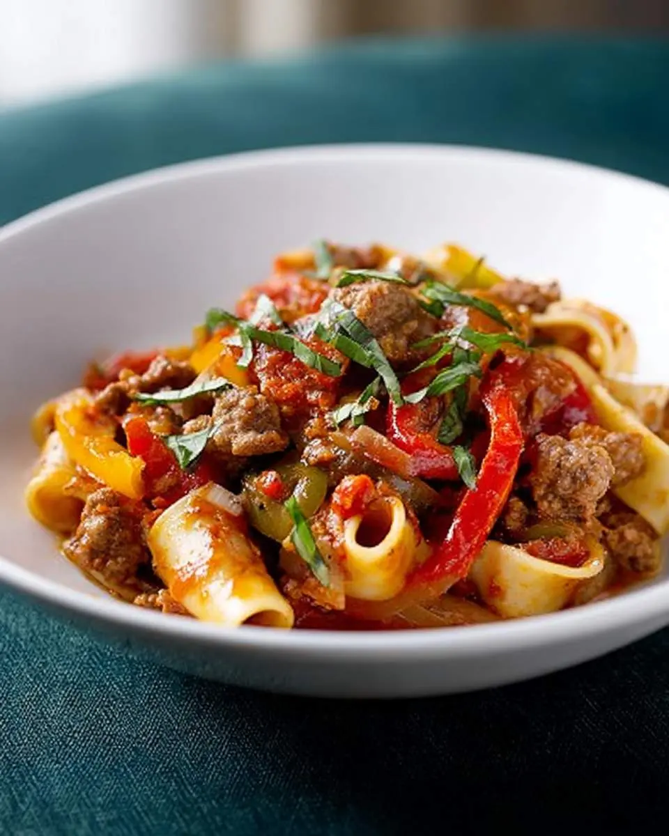 A close-up of a white bowl filled with Italian Drunken Noodles, featuring sausage, peppers, and fresh basil.