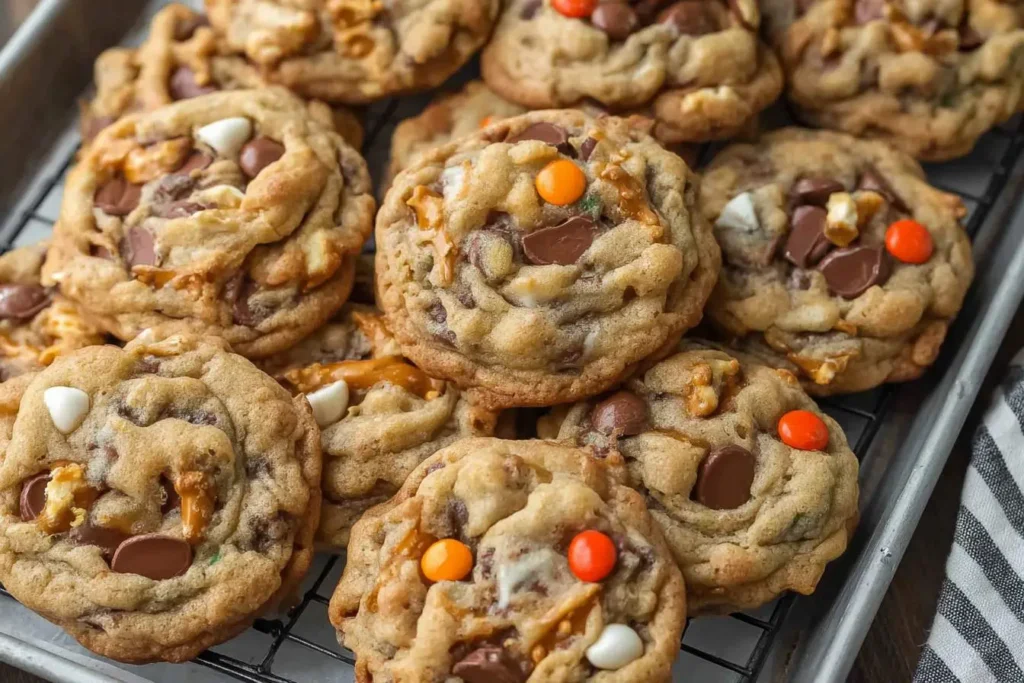 A close-up shot of several freshly baked monster cookies loaded with chocolate chips, pretzels, and candies on a cooling rack.