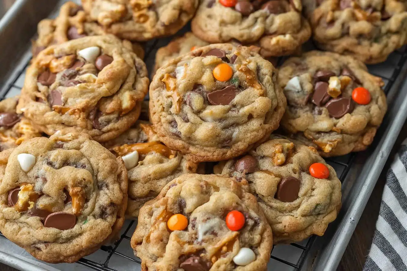 A close-up shot of several freshly baked monster cookies loaded with chocolate chips, pretzels, and candies on a cooling rack.