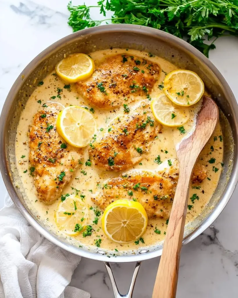 A skillet of creamy lemon garlic chicken, topped with fresh parsley and bright lemon slices.