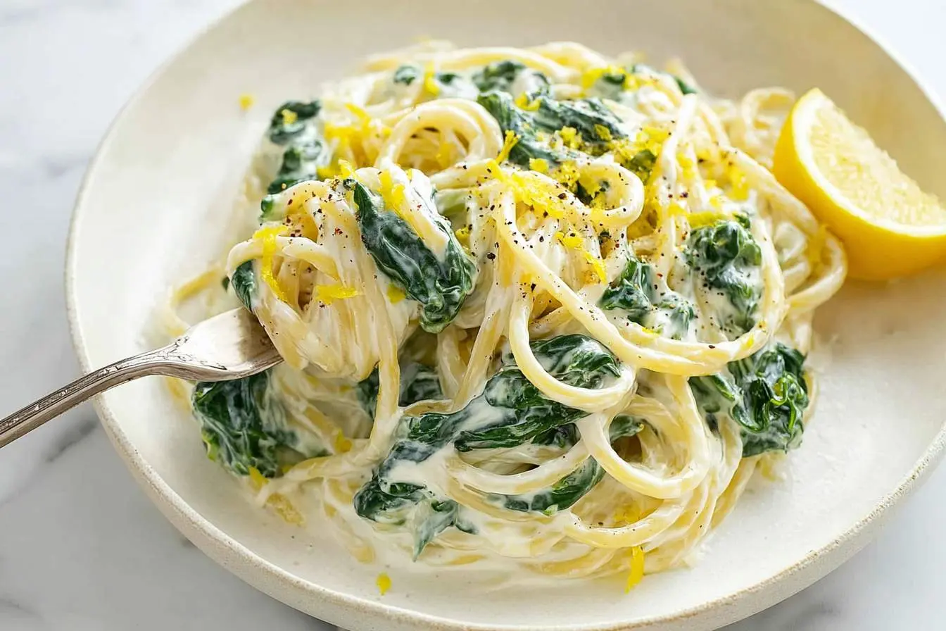 A fork twirls a generous serving of creamy lemon ricotta pasta mixed with fresh spinach, topped with lemon zest and black pepper, served on a white plate with a lemon wedge.