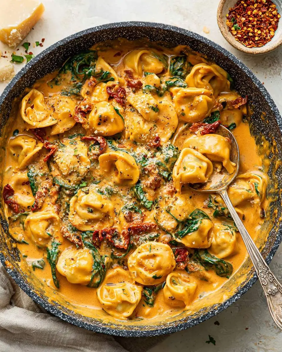 A skillet of creamy Marry Me Tortellini with spinach, sun-dried tomatoes, and a spoon lifting a serving from the pan.