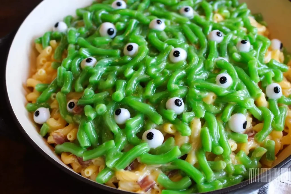 A close-up of a spooky Monster Mac and Cheese dish with bright green pasta and white googly eyes in a white bowl.