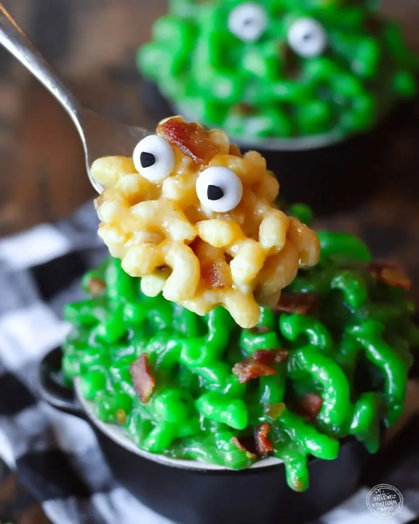 A spoonful of yellow Monster Mac and Cheese with googly eyes is held above a bowl of vibrant green mac and cheese topped with bacon.