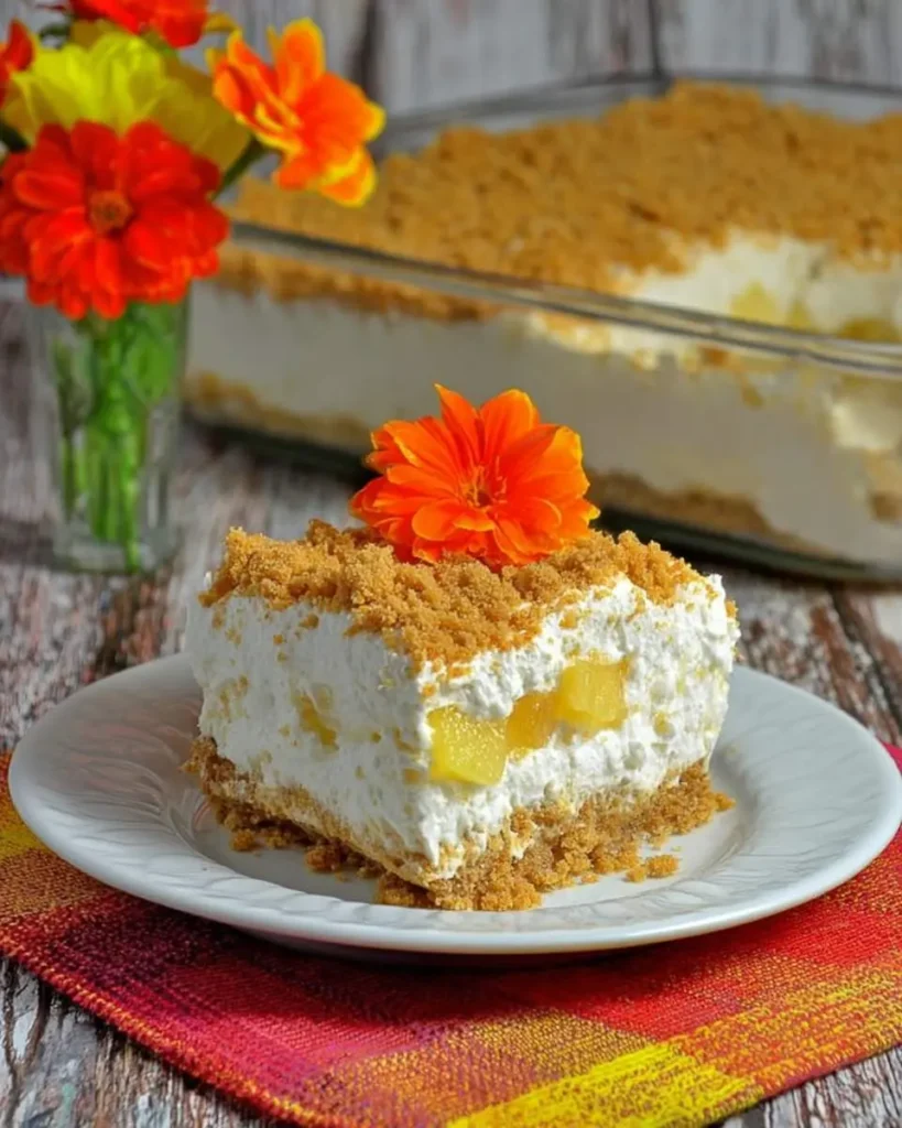 A slice of creamy no bake pineapple cheesecake with a graham cracker crust on a white plate, garnished with a small flower.