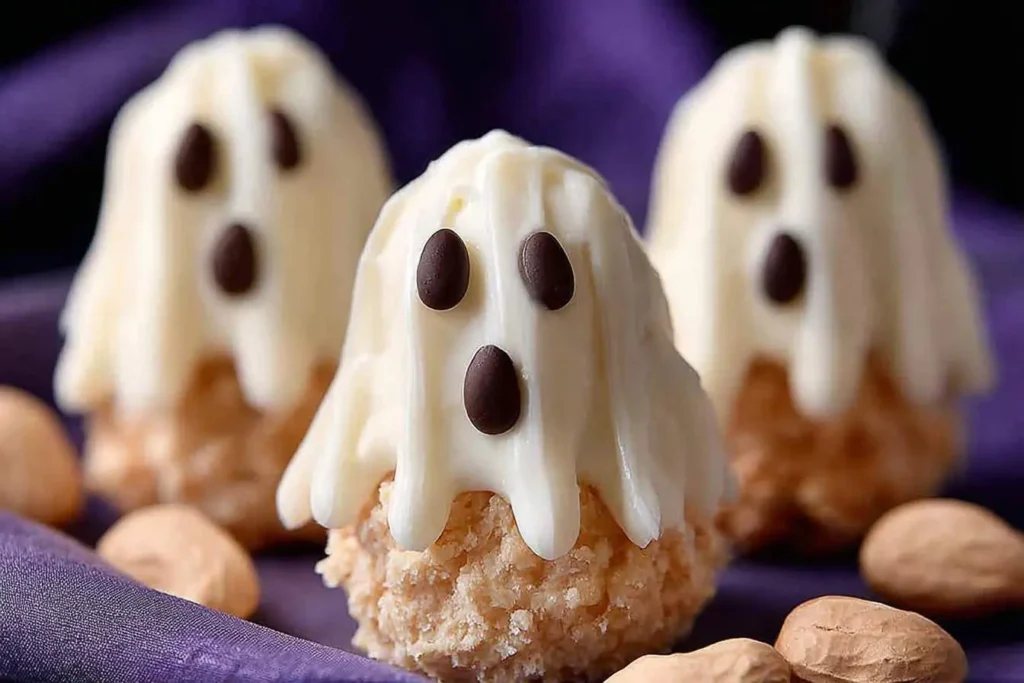 Three cute Nutty Ghosts made with white frosting and chocolate chip faces, sitting on a purple cloth with almonds.