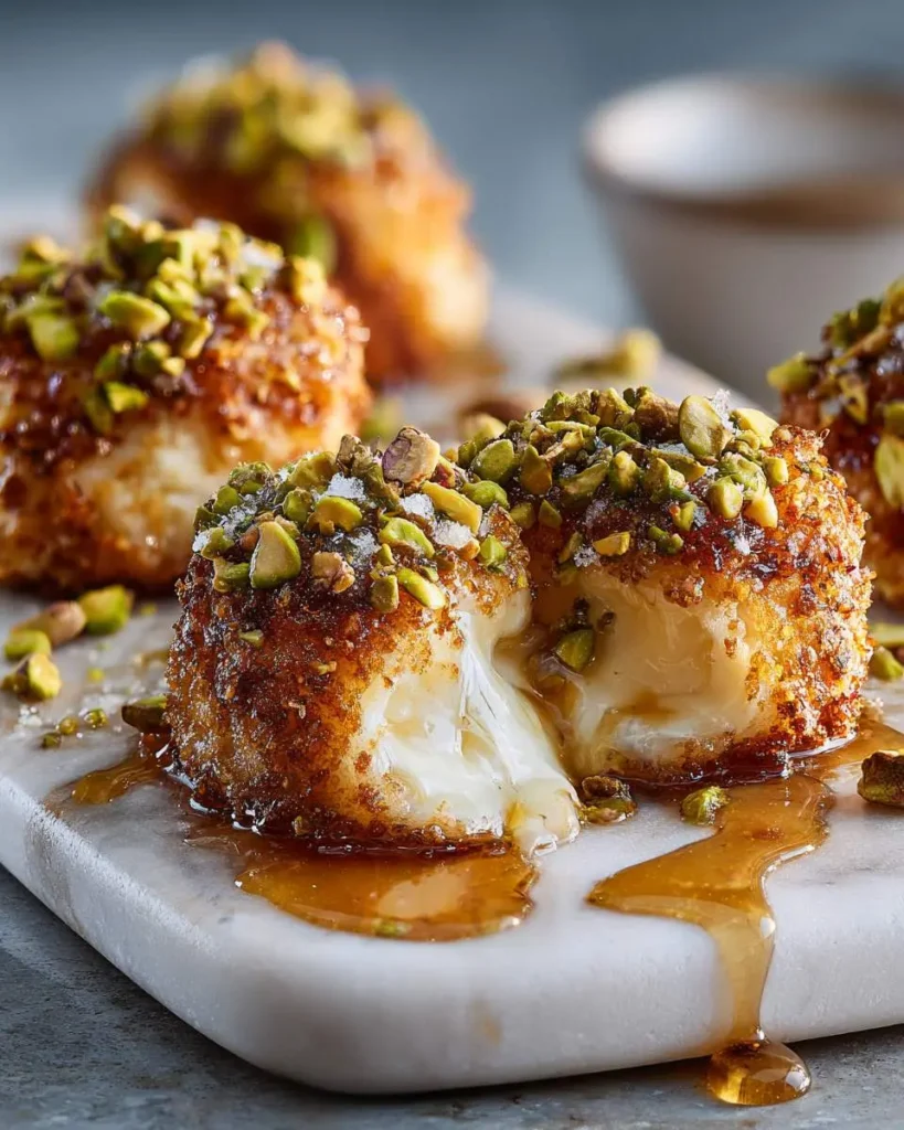 Warm Pistachio-Crusted Brie Bites with gooey melted cheese, drizzled with honey and served on a white marble platter.