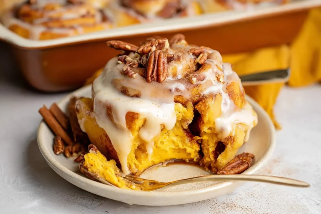 A delectable, partially eaten pumpkin cinnamon rolls, generously covered in white icing and topped with pecans, served on a plate with cinnamon sticks.