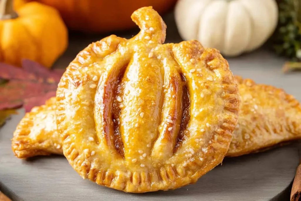 Two golden pumpkin hand pies, shaped like pumpkins and topped with sesame seeds, on a gray board with fall decor in the background.