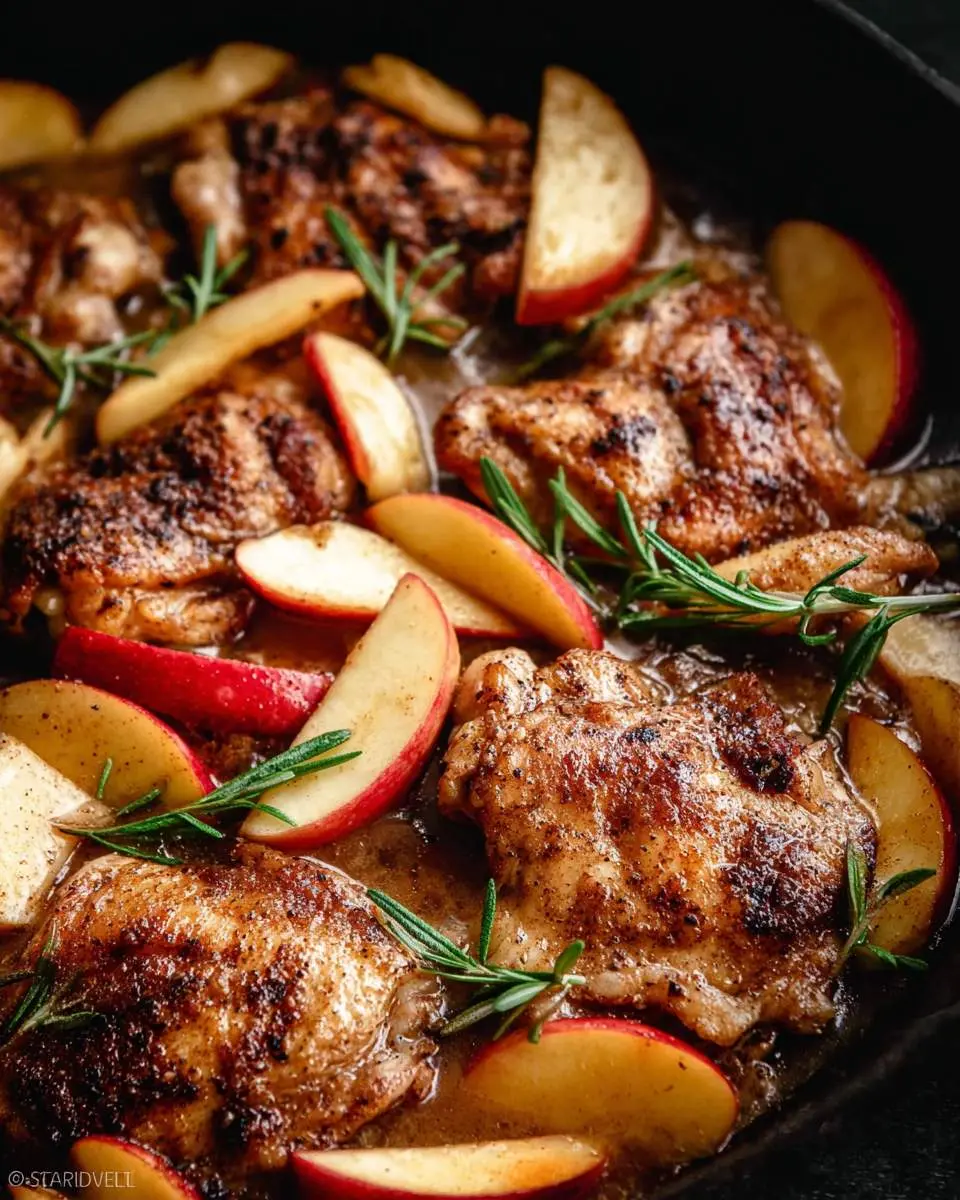 A close-up of a dark skillet filled with seared Rosemary Apple Cider Chicken thighs, apple slices, and fresh herbs.