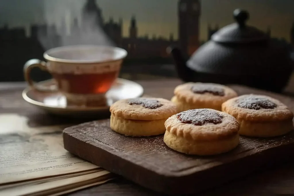 A cozy scene with steaming tea, a teapot, and delicious Sherlock Holmes Foggy London Tea Cakes on a wooden board with a blurred city background.