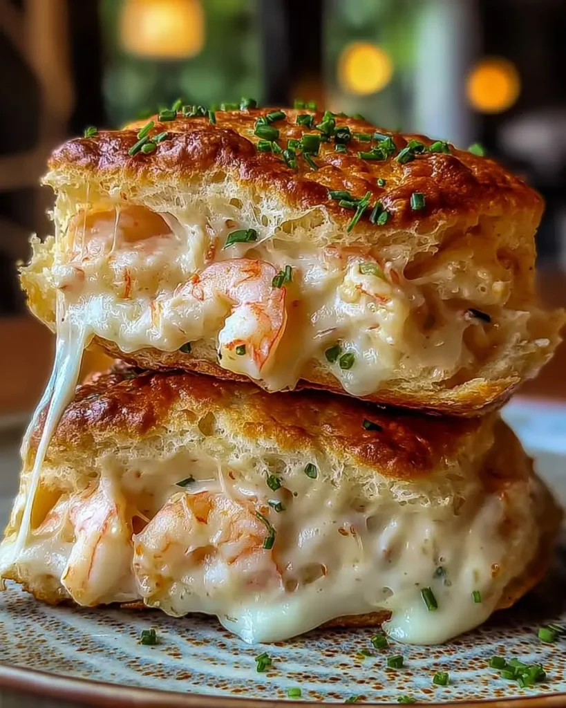 A close-up of stacked Shrimp and Crab Biscuit Melts, with creamy cheese sauce and shrimp oozing from golden-brown biscuits.