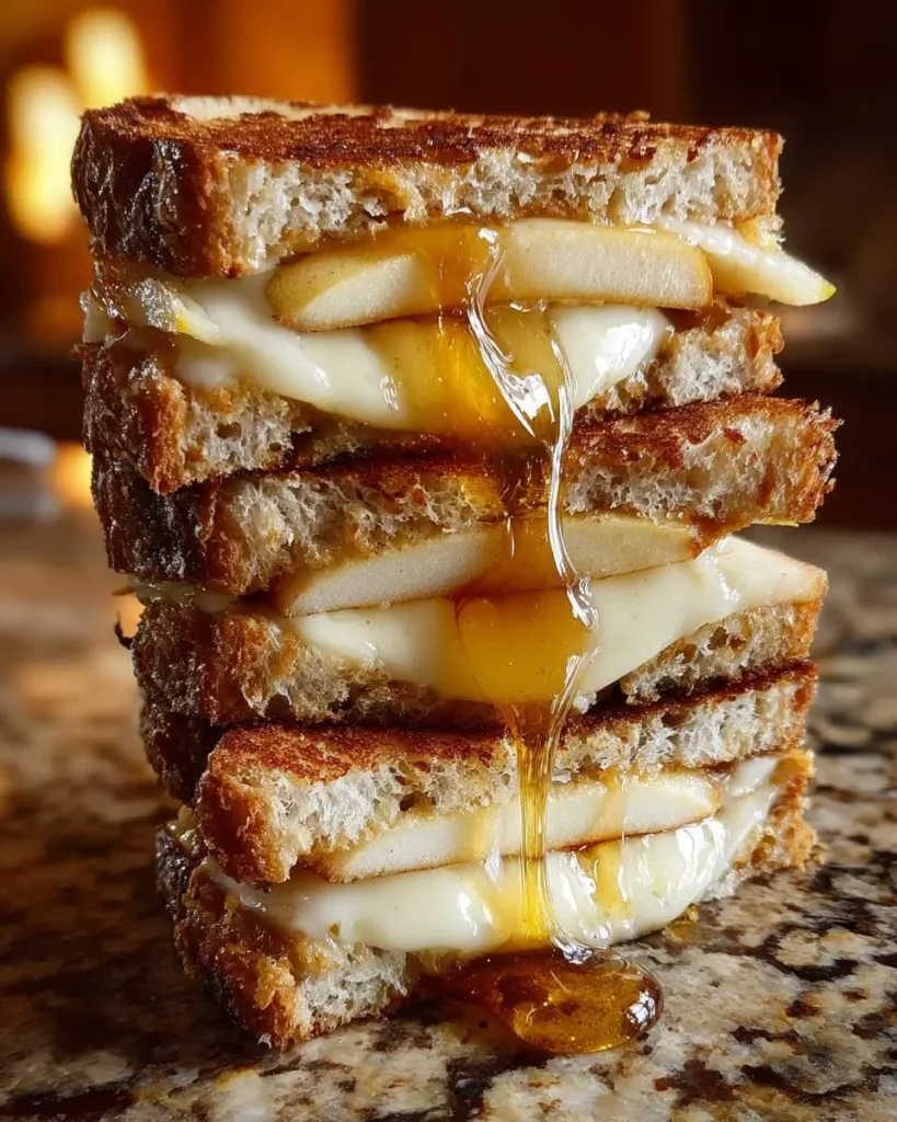 A stacked Smoked Gouda Apple Grilled Cheese sandwich, cut in half, with melted cheese and honey dripping down the front.