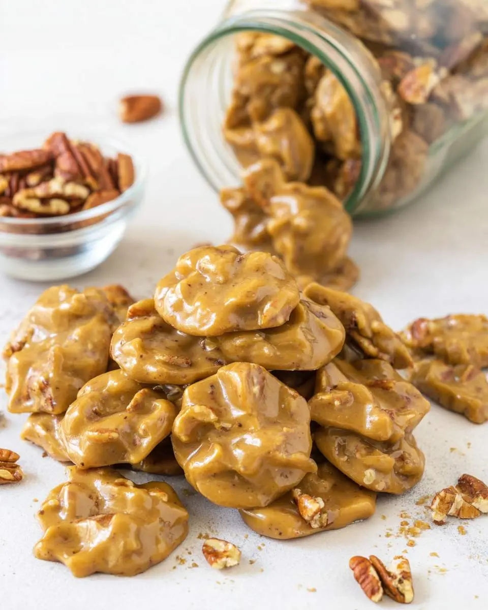 A pile of homemade Southern Praline Pecan candies with more spilling from a glass jar onto a white surface.