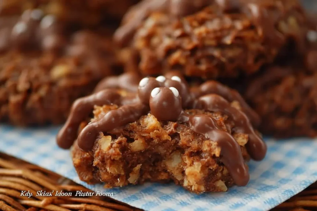 A close-up of a partially eaten textured chocolate cookie decorated like a spider with chocolate legs and eyes, known as Spider Cookies, on a checkered napkin.