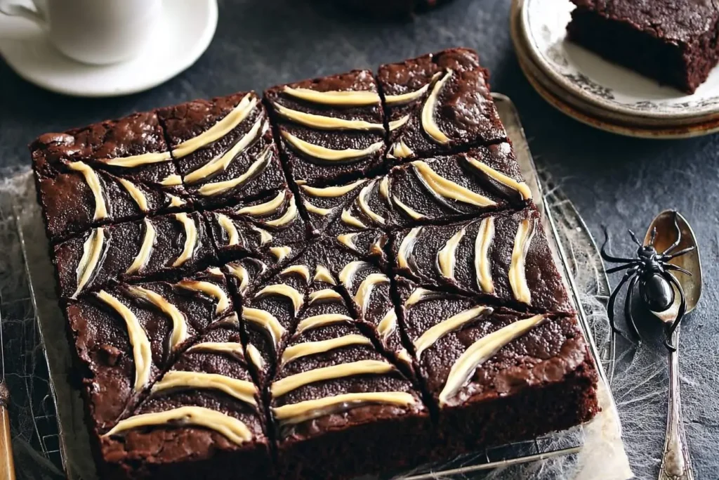 A pan of rich, dark chocolate Spiderweb Brownies with a creamy white frosting design, cut into squares on a cooling rack, with a decorative spider.